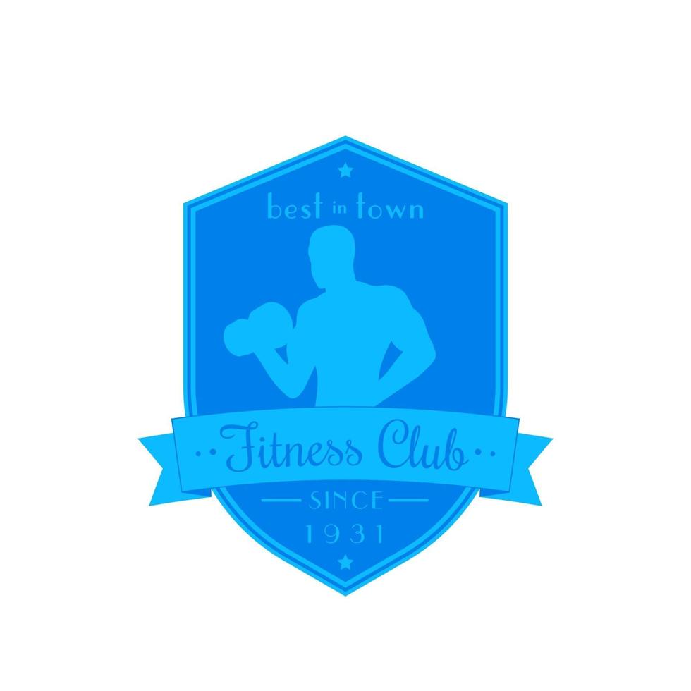 Fitness club logo, emblem in shield shape with strong athlete vector