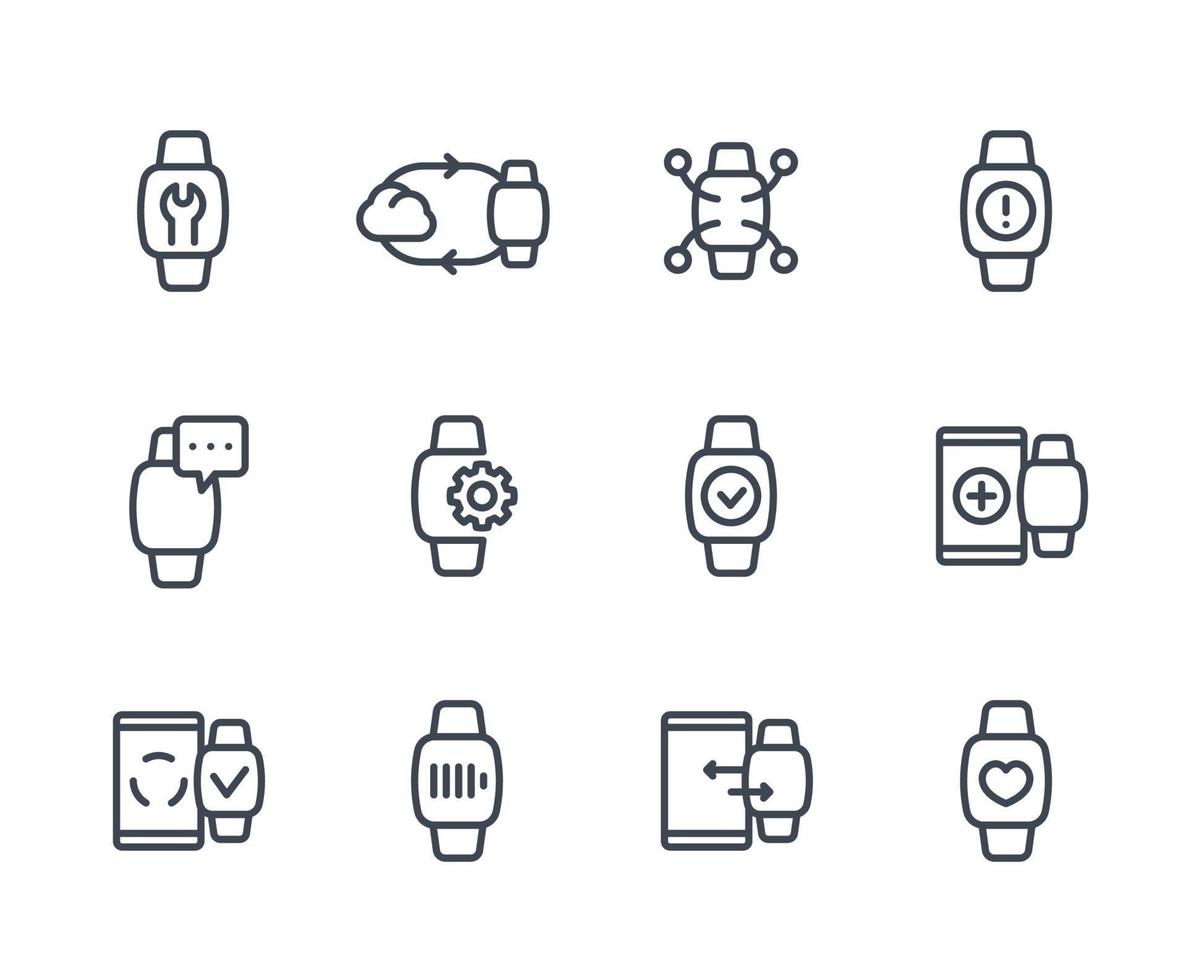 iconos de línea de reloj inteligente en blanco, aplicación de fitness, dispositivo portátil vector