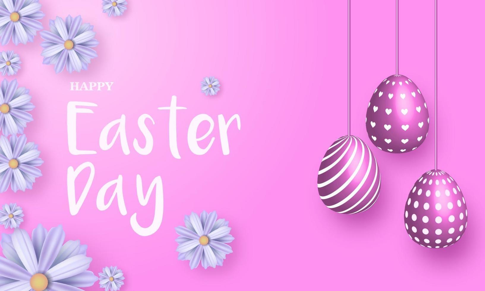 Fondo de Pascua feliz con flores y huevos decorados de color rosa. vector