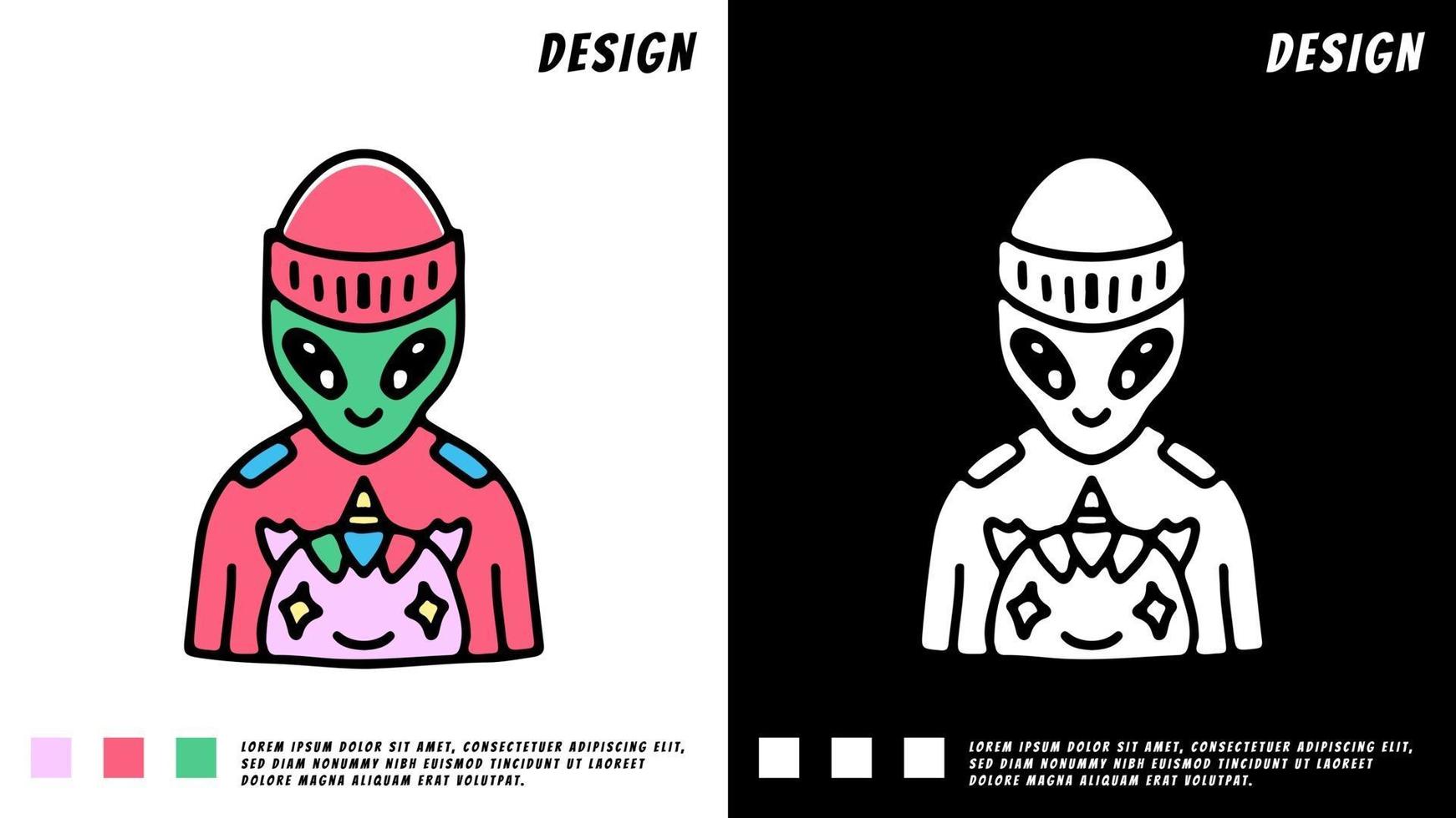 alienígena con gorro y pequeño unicornio, ilustración para camiseta vector