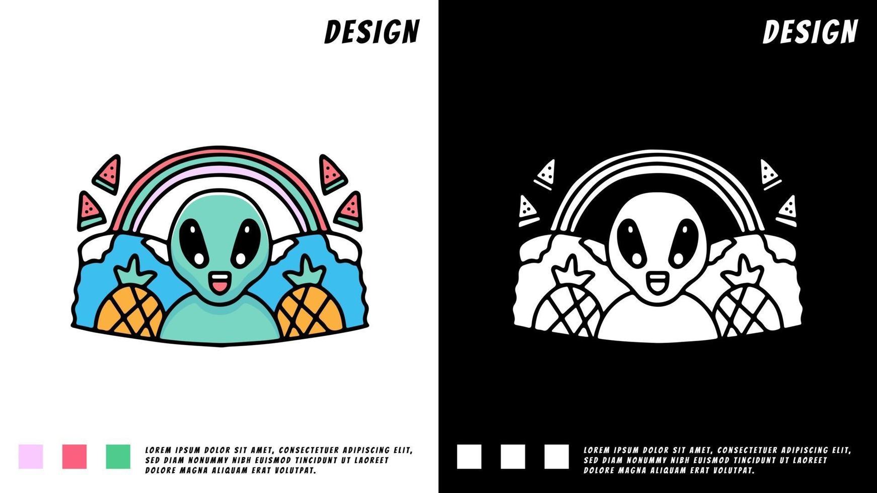 extraterrestre, piña y arco iris, ilustración para camiseta, vector