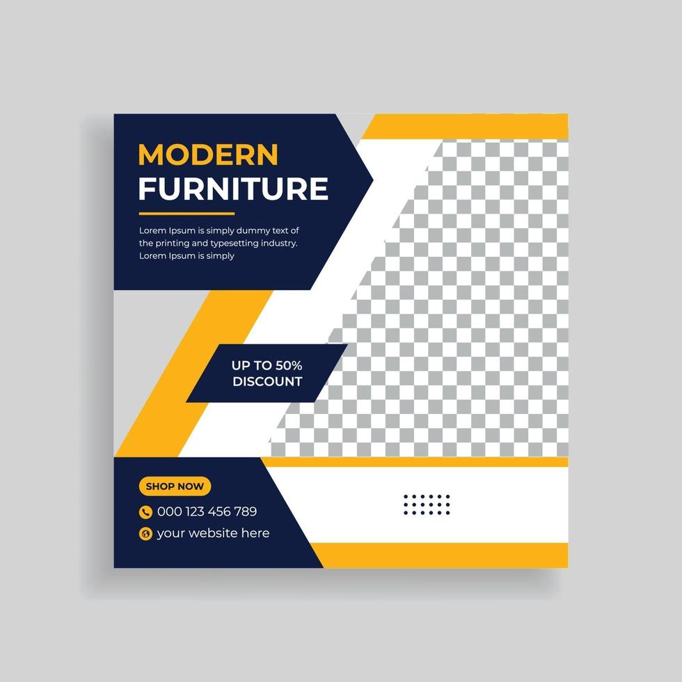 Venta de muebles modernos y diseño interior de plantillas de publicaciones en redes sociales. vector