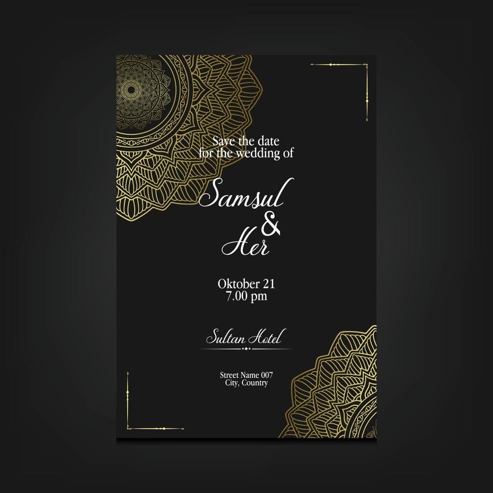 Fondo adornado de mandala de oro de lujo para invitación de boda vector