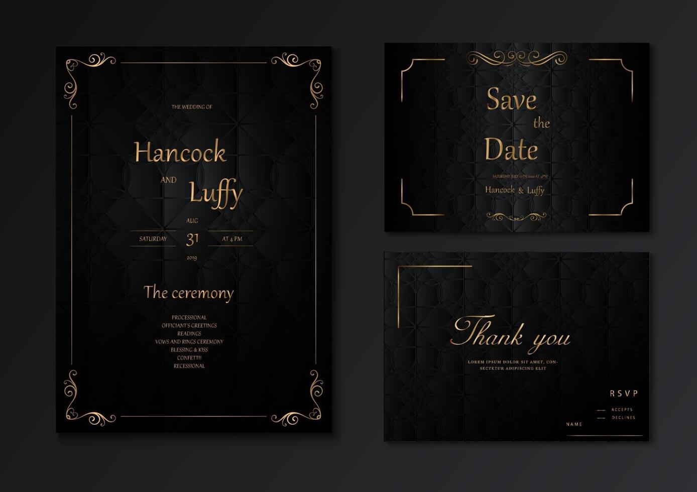 Wedding invitation card template design luxury with black and gold vector