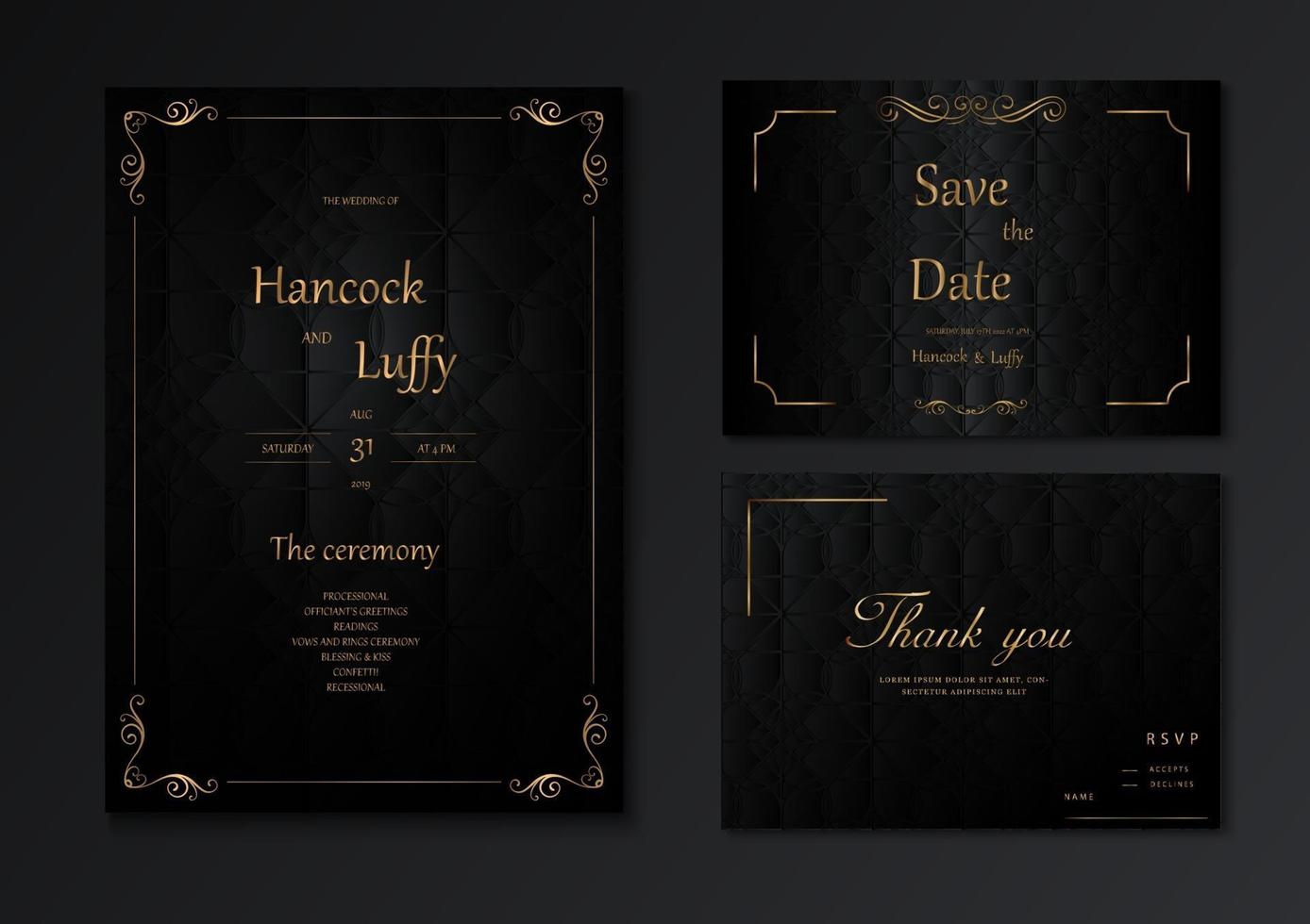 diseño de plantilla de tarjeta de invitación de boda de lujo con negro y oro vector