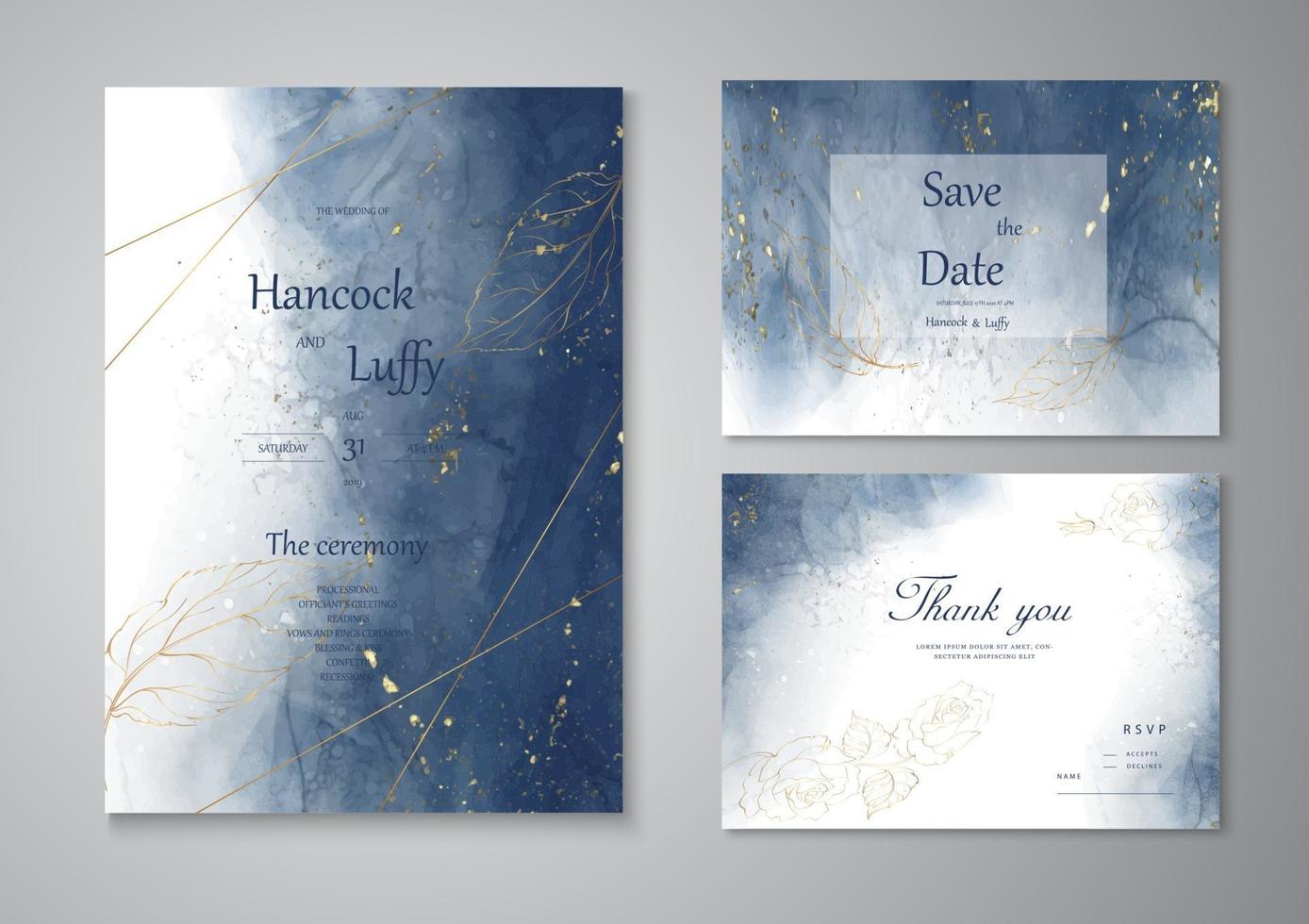 Wedding invitation card template with watercolor and golden line vector