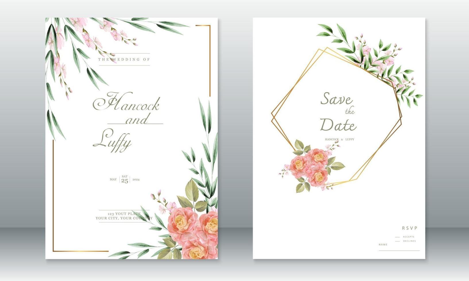 Tarjeta de invitación de boda con acuarela floral y hojas verdes. vector