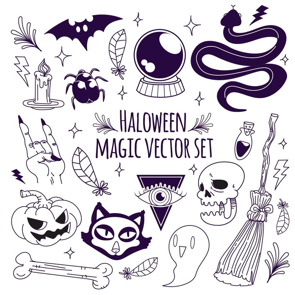 halloween, magia, vector, conjunto, garabato vector