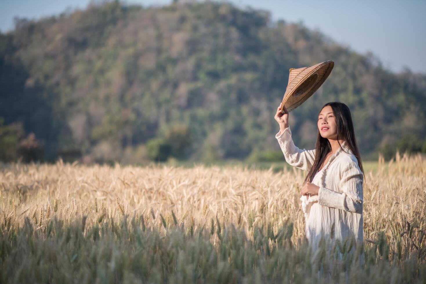 Vietnamese female farmer in wheat harvest field photo