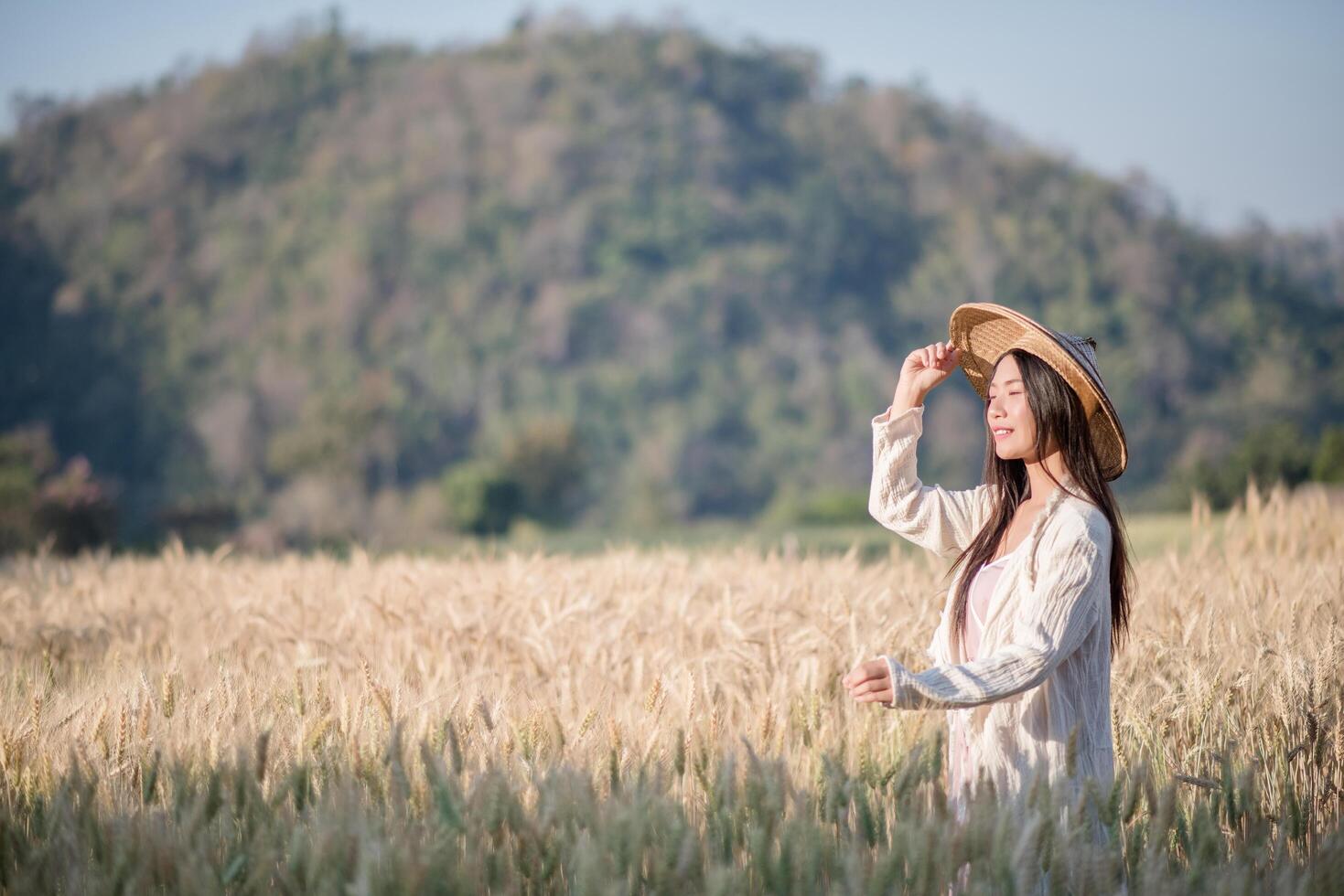 Vietnamese female farmer in wheat harvest field photo