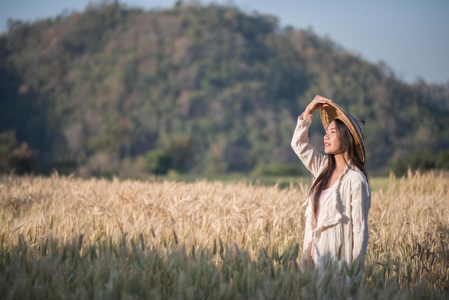 Vietnamese female farmer in wheat harvest field photo