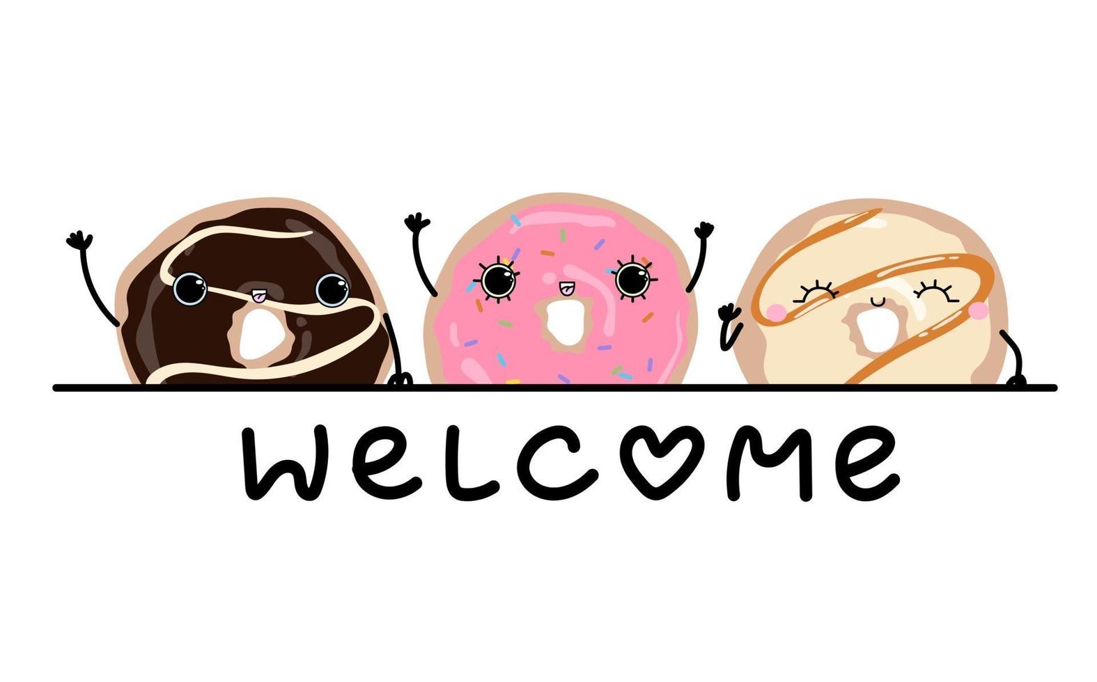 ilustración de dibujado a mano de fondo de cartel de texto de bienvenida de donut glaseado vector