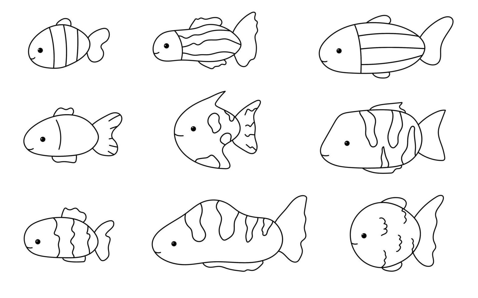 peces lindos doodle conjunto de colección de océanos blanco y negro mar aislado vector