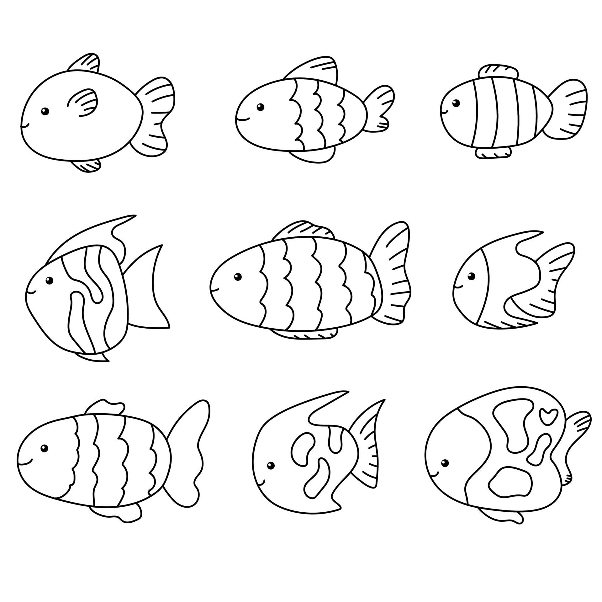 Cute baby fish isolated line set doodle Hand drawn collection sea ...