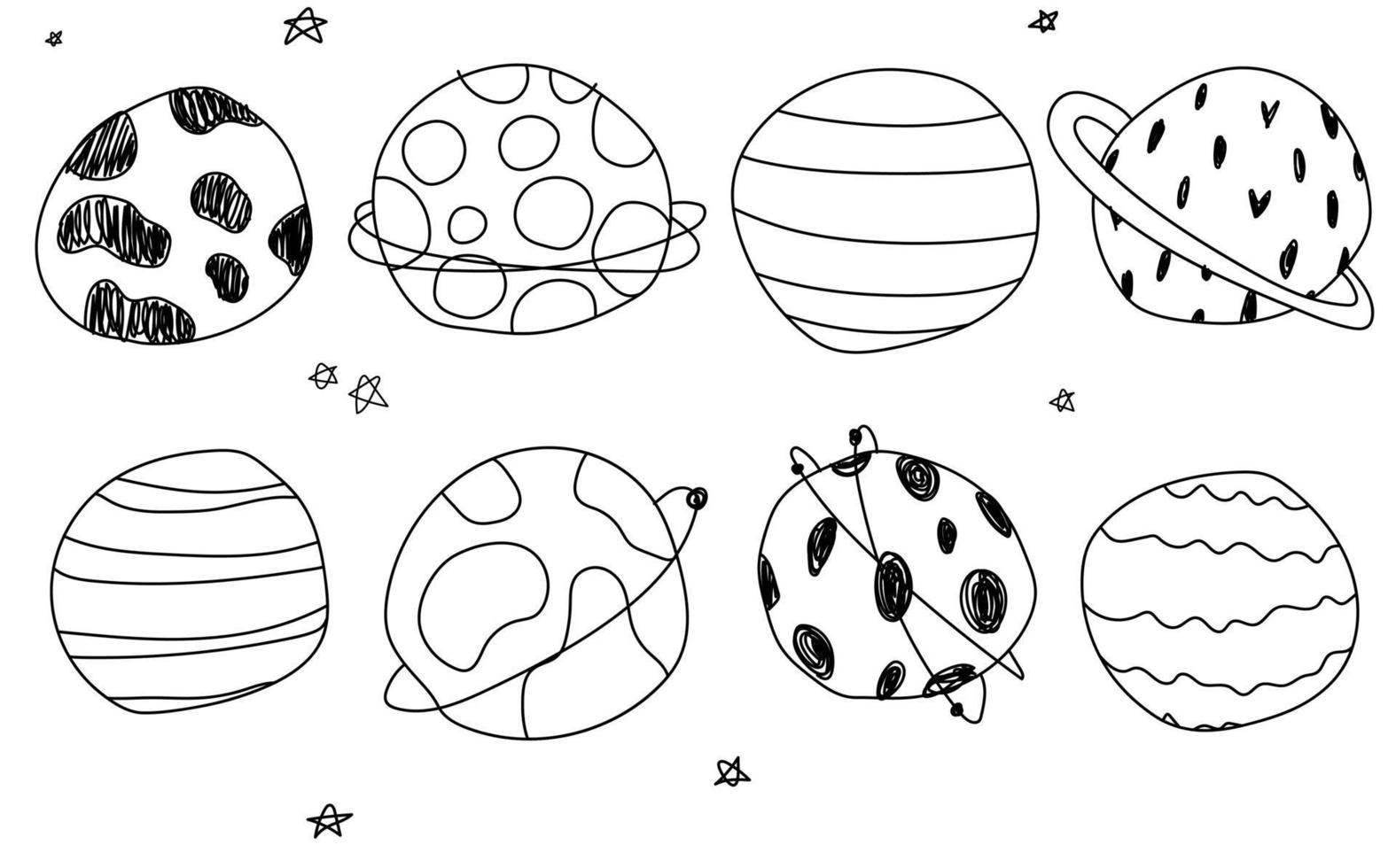 lindos planetas doodle estrellas negro blanco colección espacio conjunto aislado vector