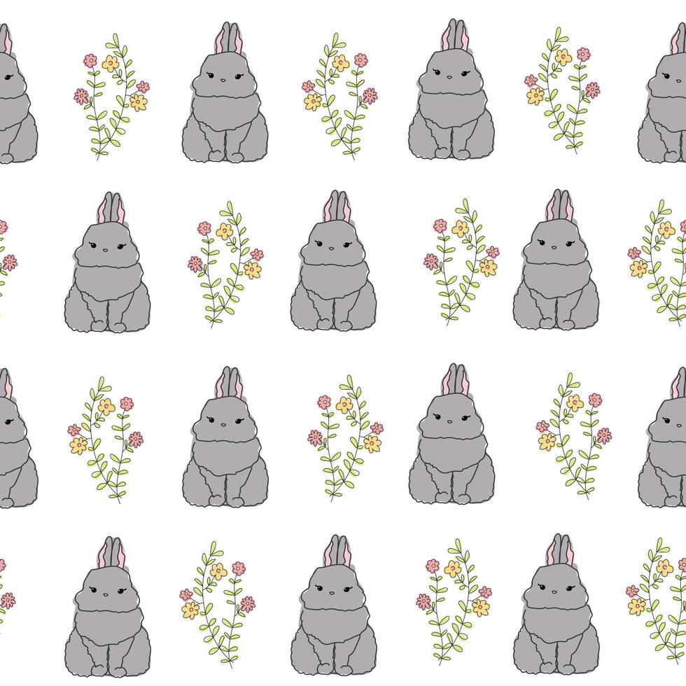 Cute white pattern flowers doodle rabbit Seamless background bunny vector