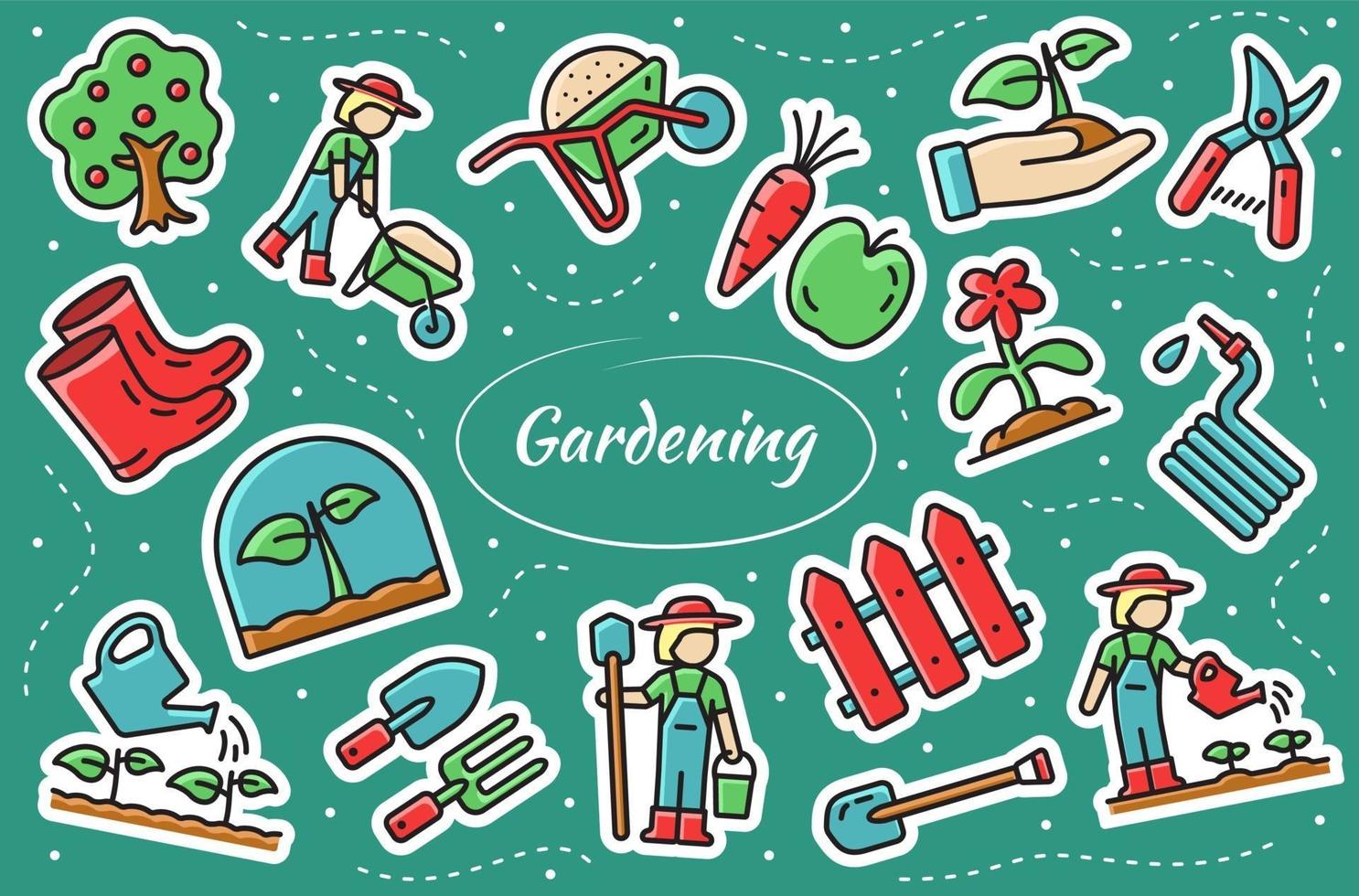 Conjunto de pegatinas relacionadas con la jardinería. ilustración vectorial. vector