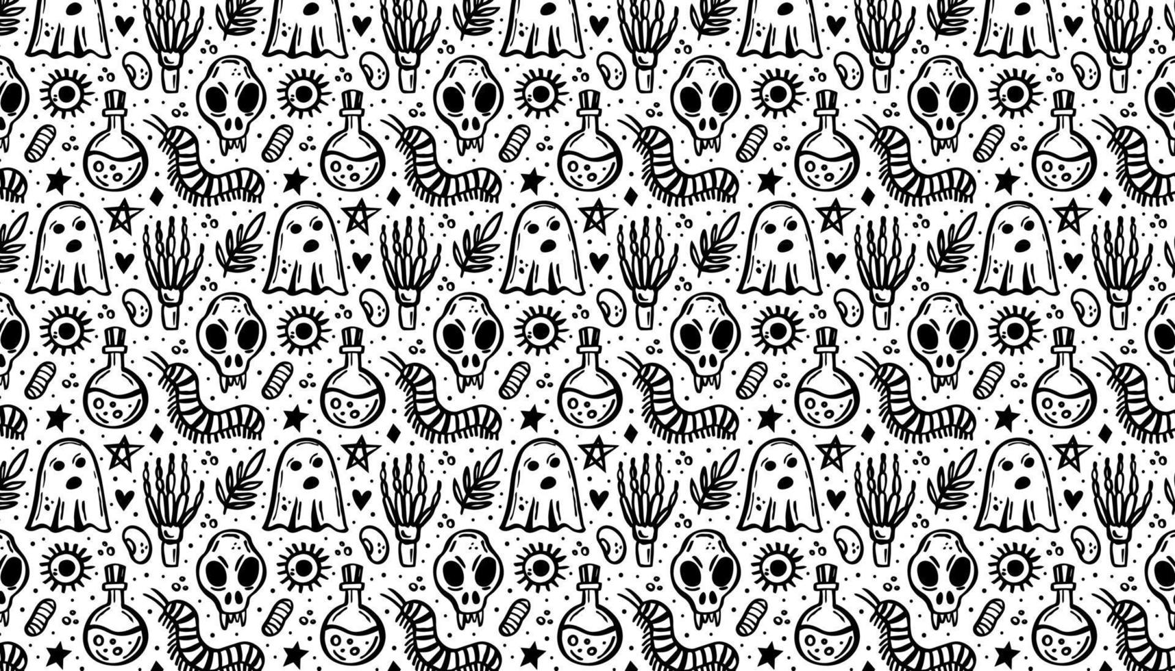 Halloween Black ink vector pattern, banner Witch elements