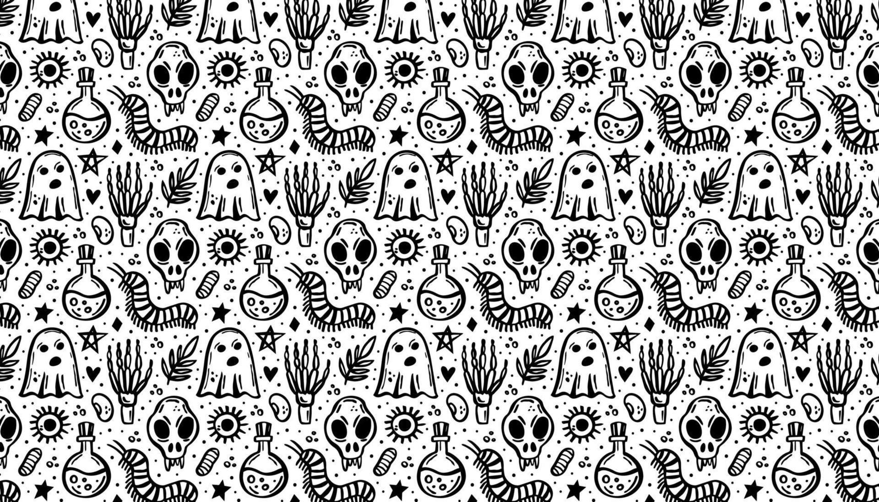 Halloween Black ink vector pattern, banner Witch elements