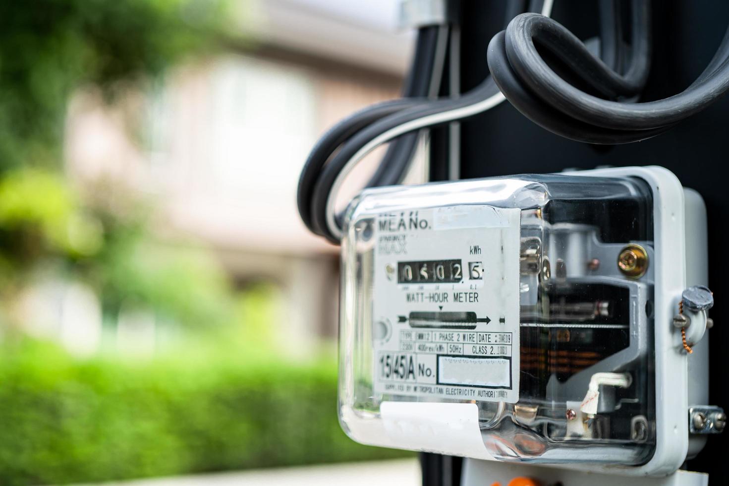 Electric measuring power meter for energy cost at home and office. photo