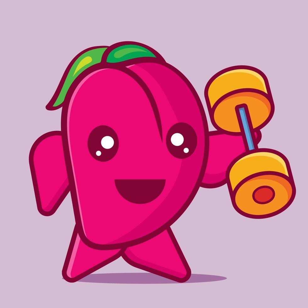 cute peach fruit mascot holding barbel for sport concept illustration vector