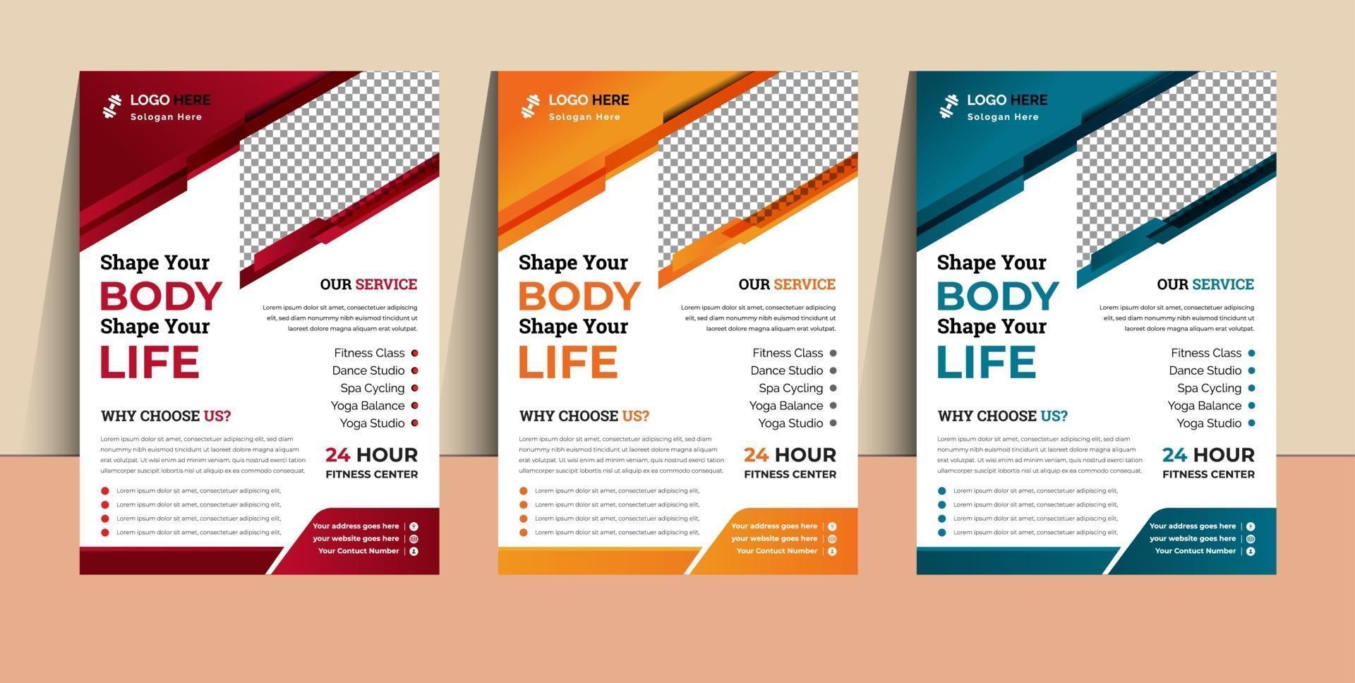 Fitness gym flyer template with services and different color vector