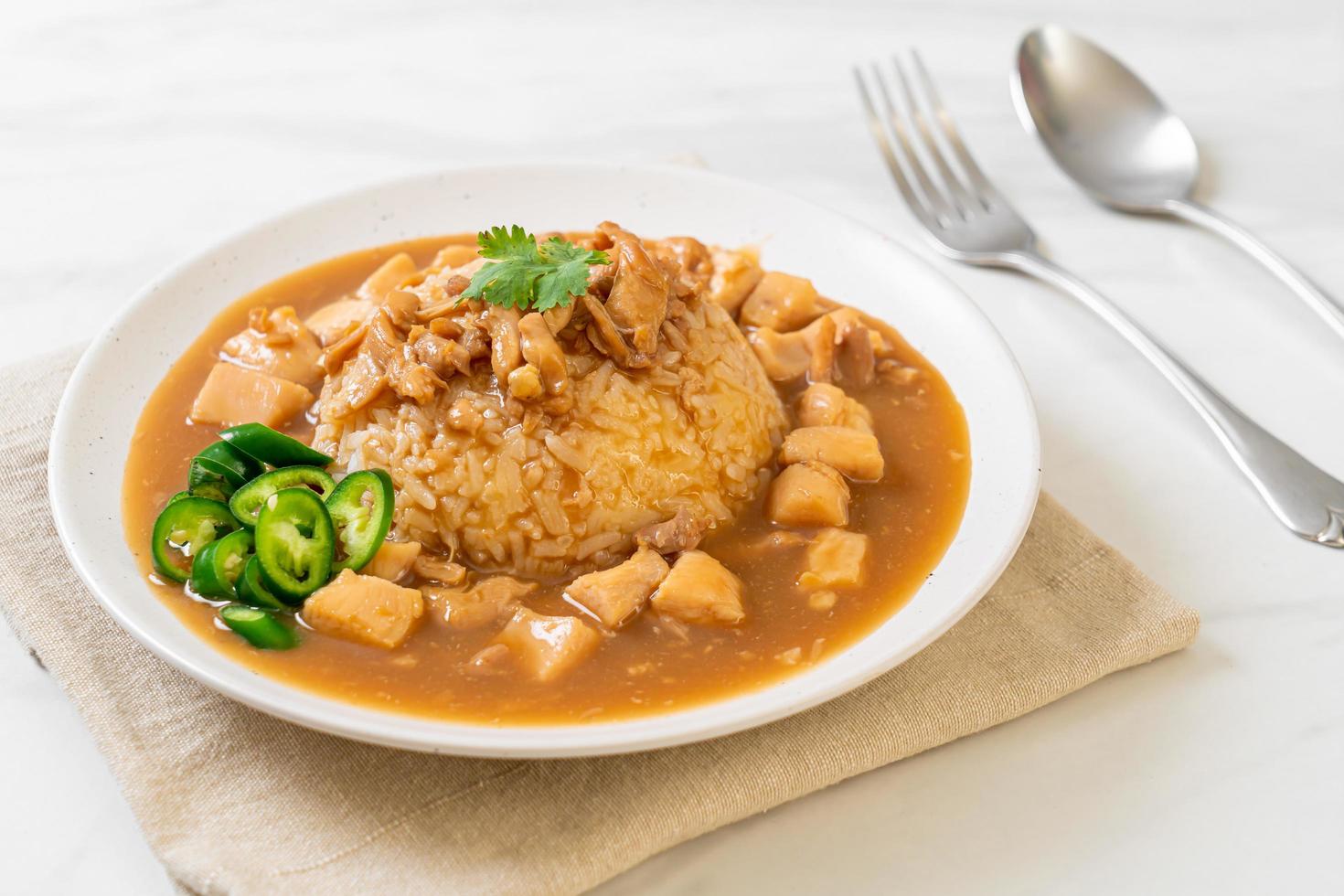 Chicken in brown sauce or gravy sauce with rice photo