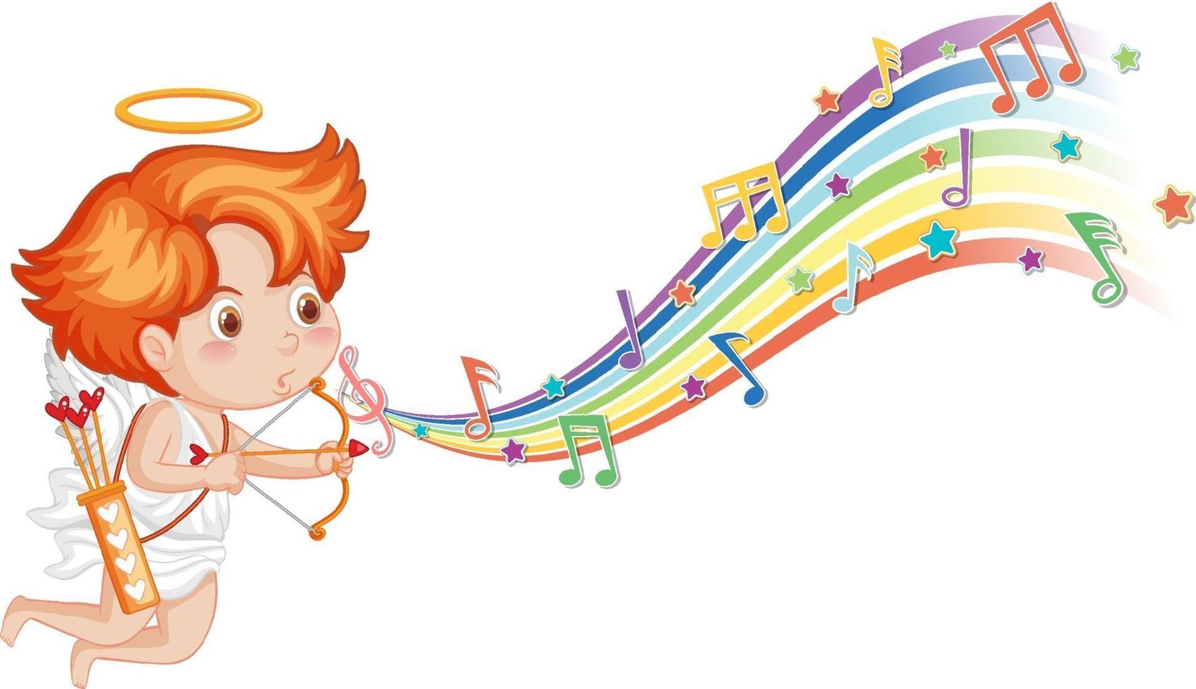 Cupid holding bow and arrow with melody symbols on rainbow vector