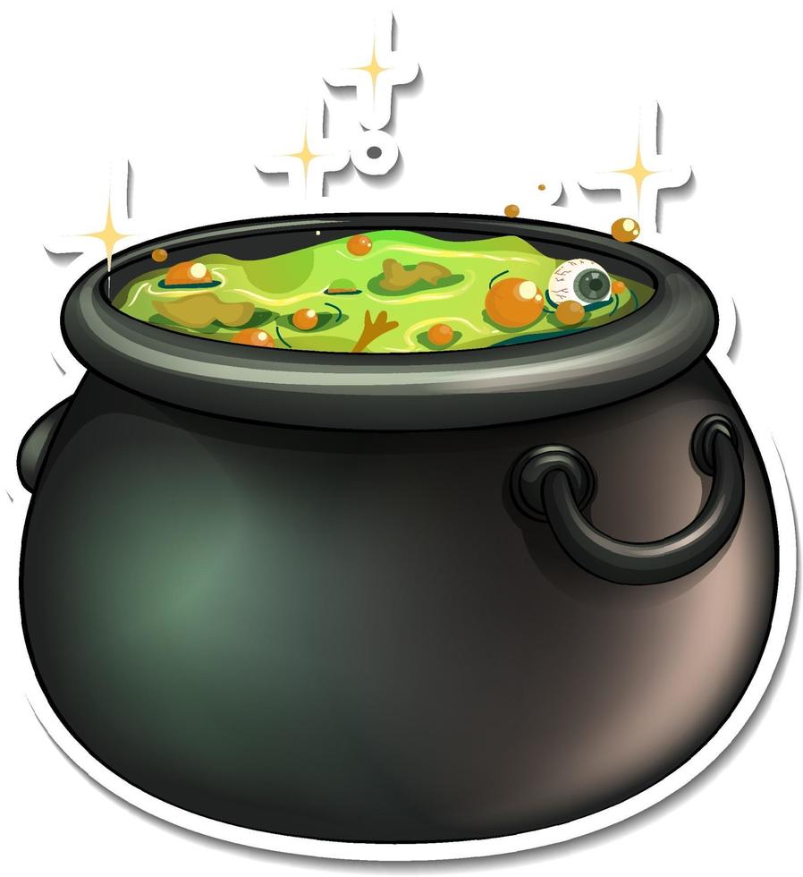 Cauldron with green potion cartoon sticker vector