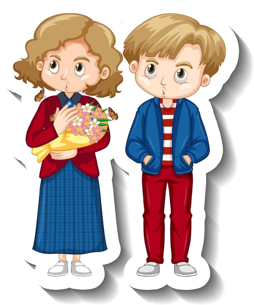 Couple children cartoon character sticker vector