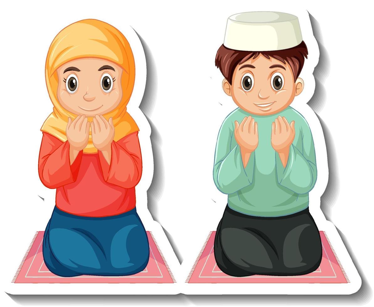 Una plantilla de pegatina con un niño y una niña musulmanes rezando. vector