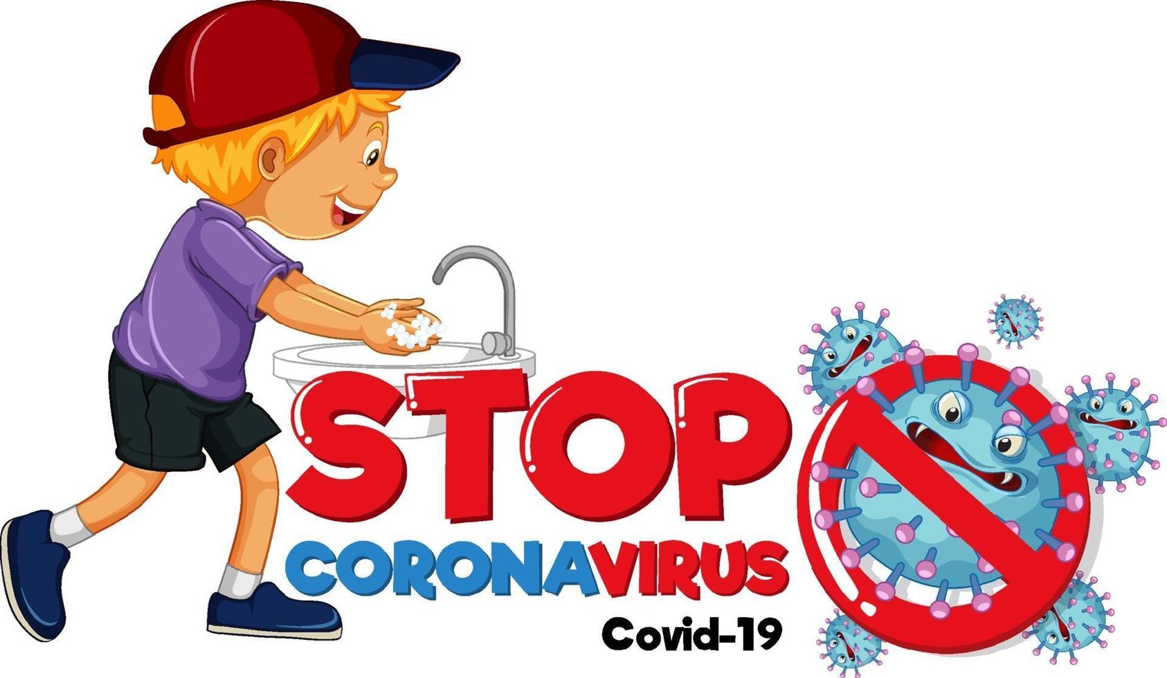 Stop Coronavirus banner with a boy washing hands on white background vector