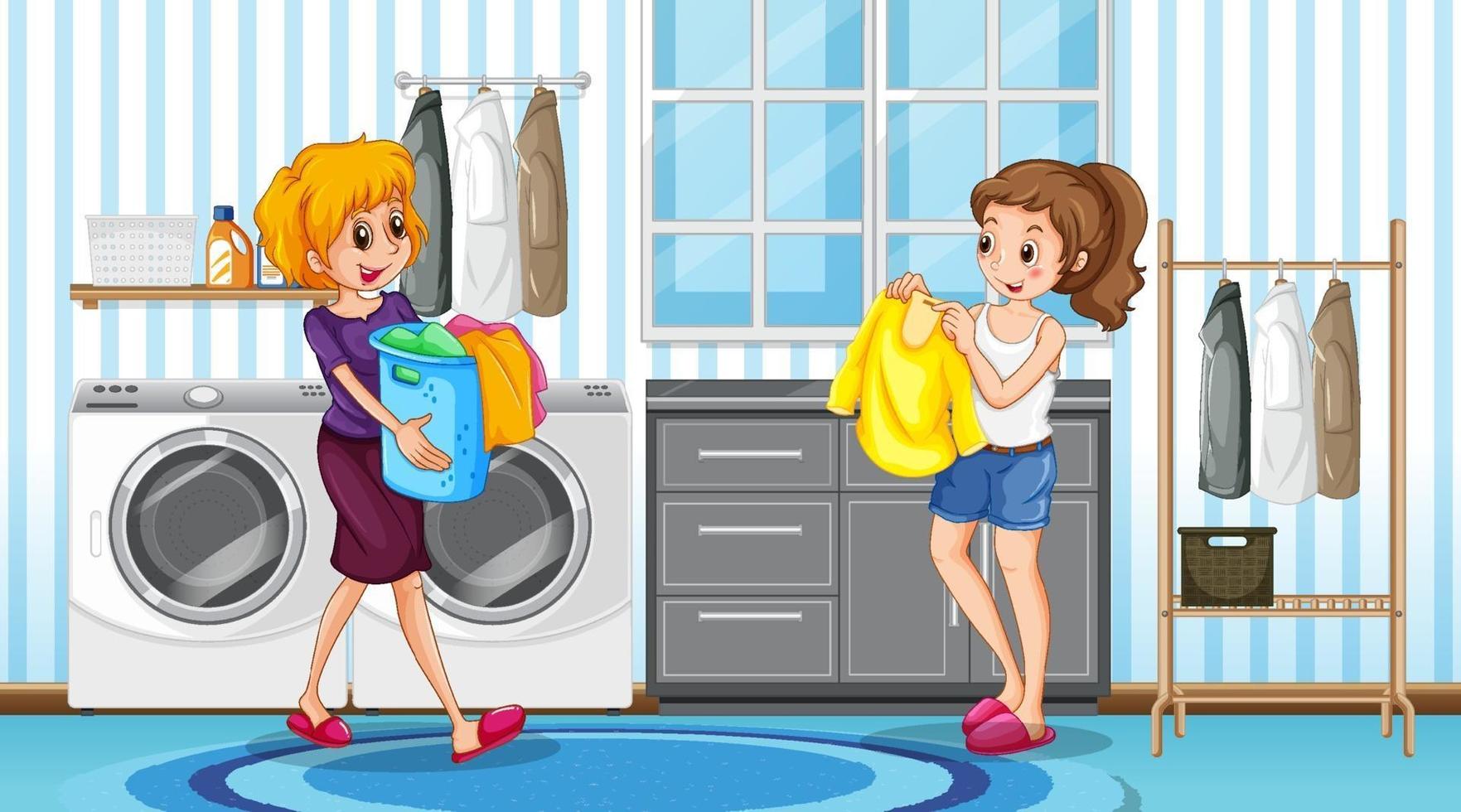 Scene with two women in laundry room vector
