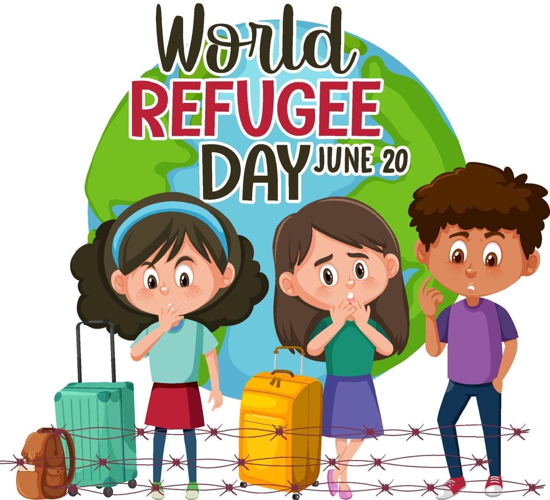 World Refugee Day banner with refugee people on globe background vector