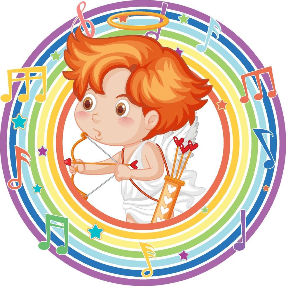 Cupid in rainbow round frame with melody symbol vector