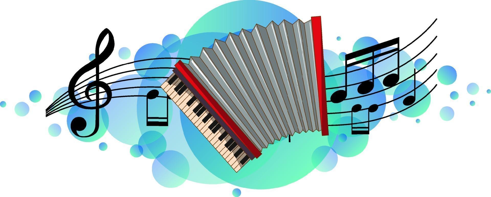 Instrumento musical de acordeón con símbolos de melodía en mancha azul cielo vector