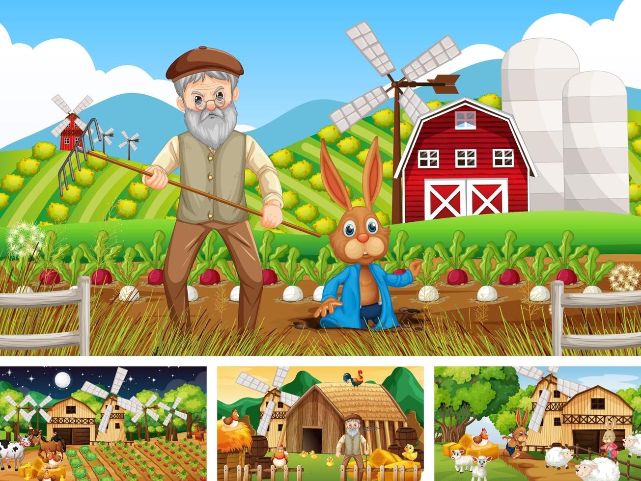 Diferentes escenas de la granja con personajes de dibujos animados de animales de granja. vector