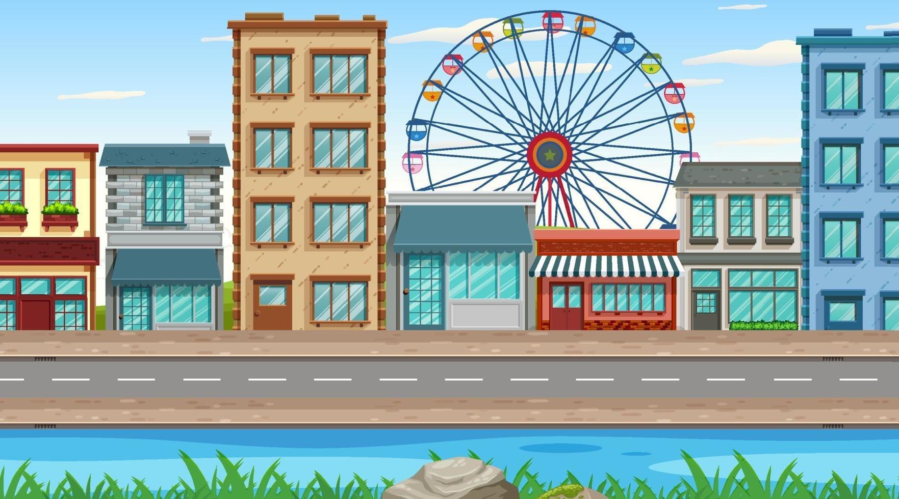 Town scene with many buildings along the road vector