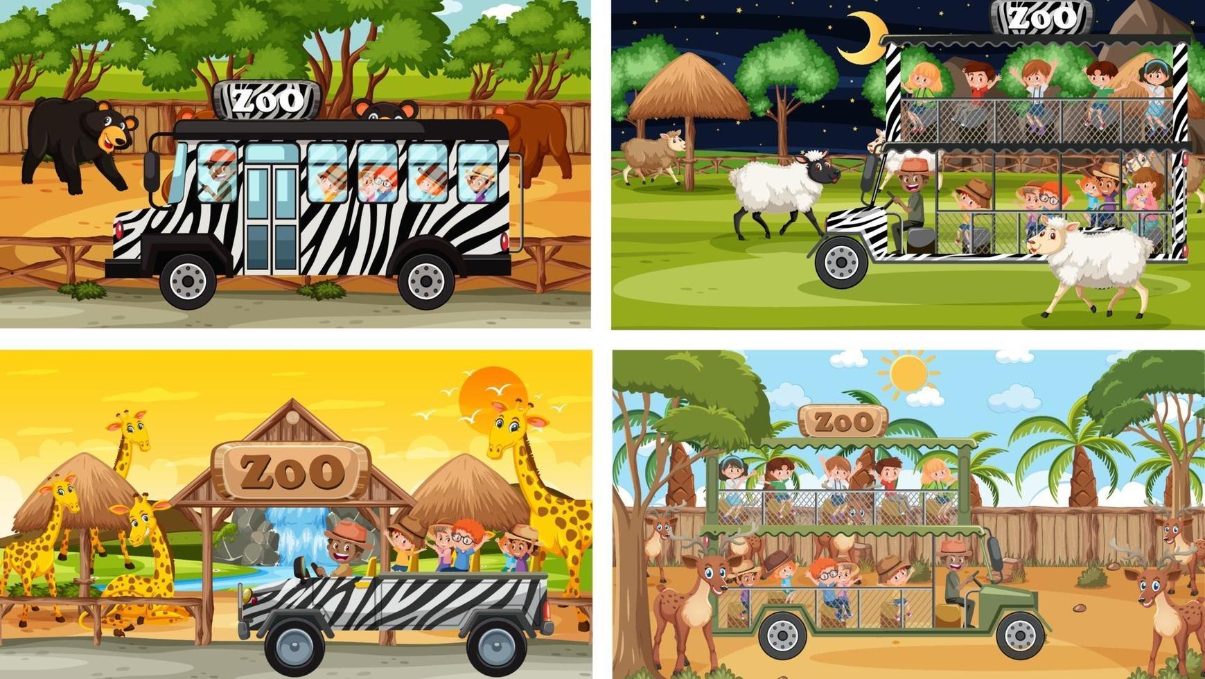 Set of different safari scenes with animals and kids cartoon character vector