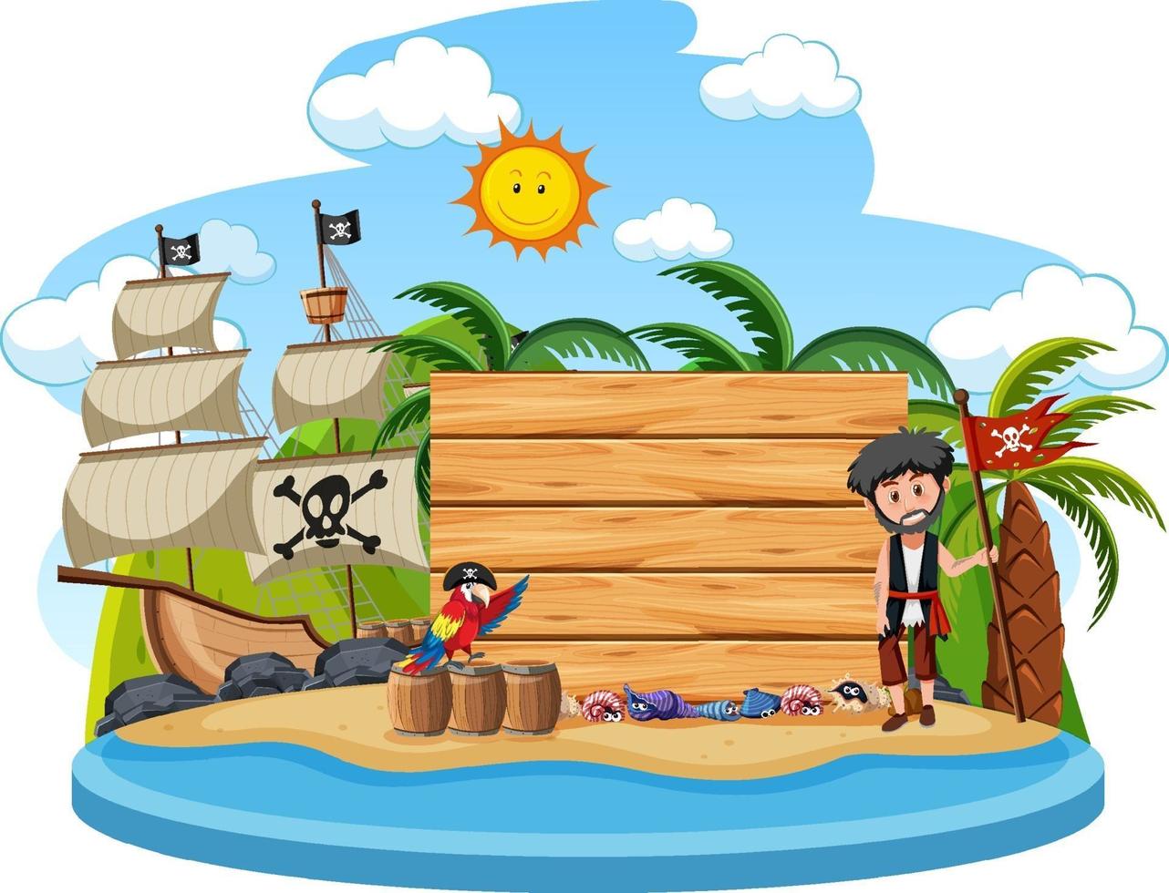 Isla pirata con un banner vacío aislado sobre fondo blanco. vector