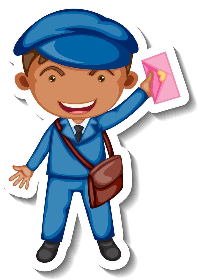 Sticker template with a postman cartoon character isolated vector