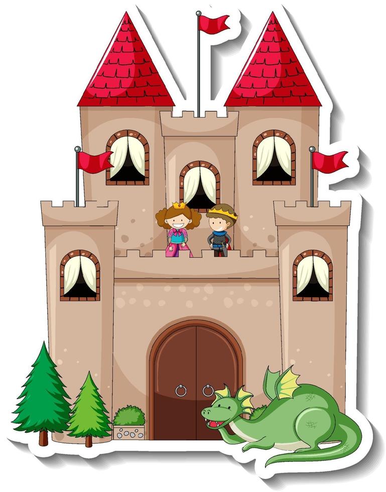 Plantilla de etiqueta con gran castillo en estilo de dibujos animados aislado vector