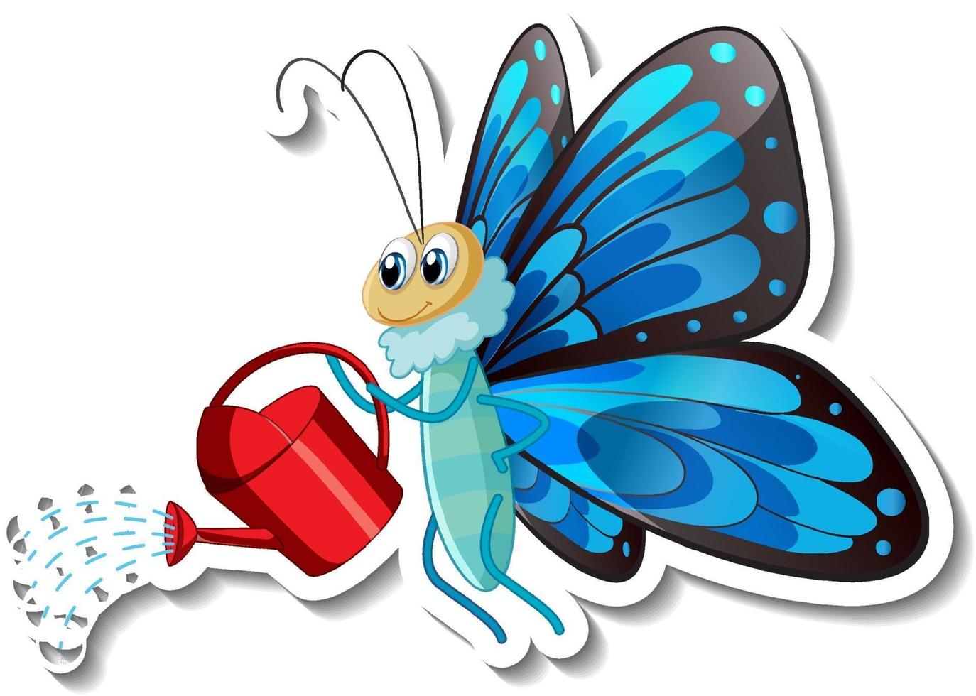 Sticker template with a butterfly holding a watering pot vector