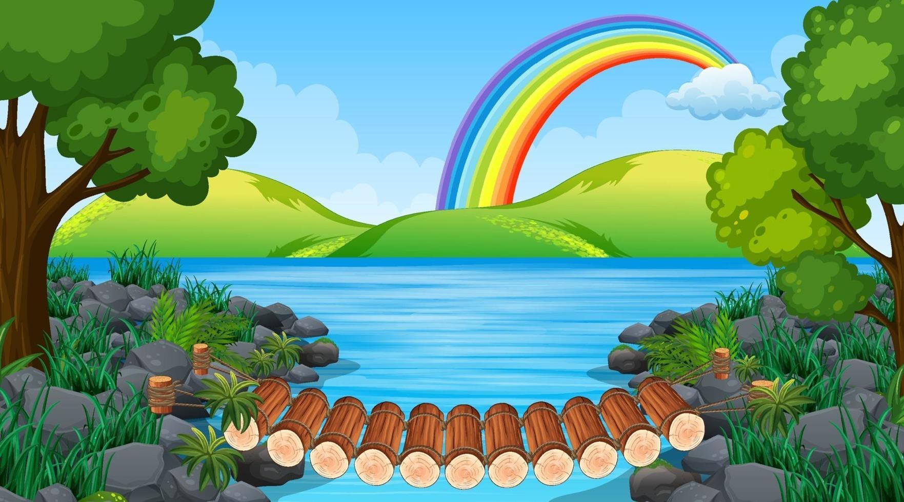 Nature landscape with bridge across the river and rainbow in the sky vector