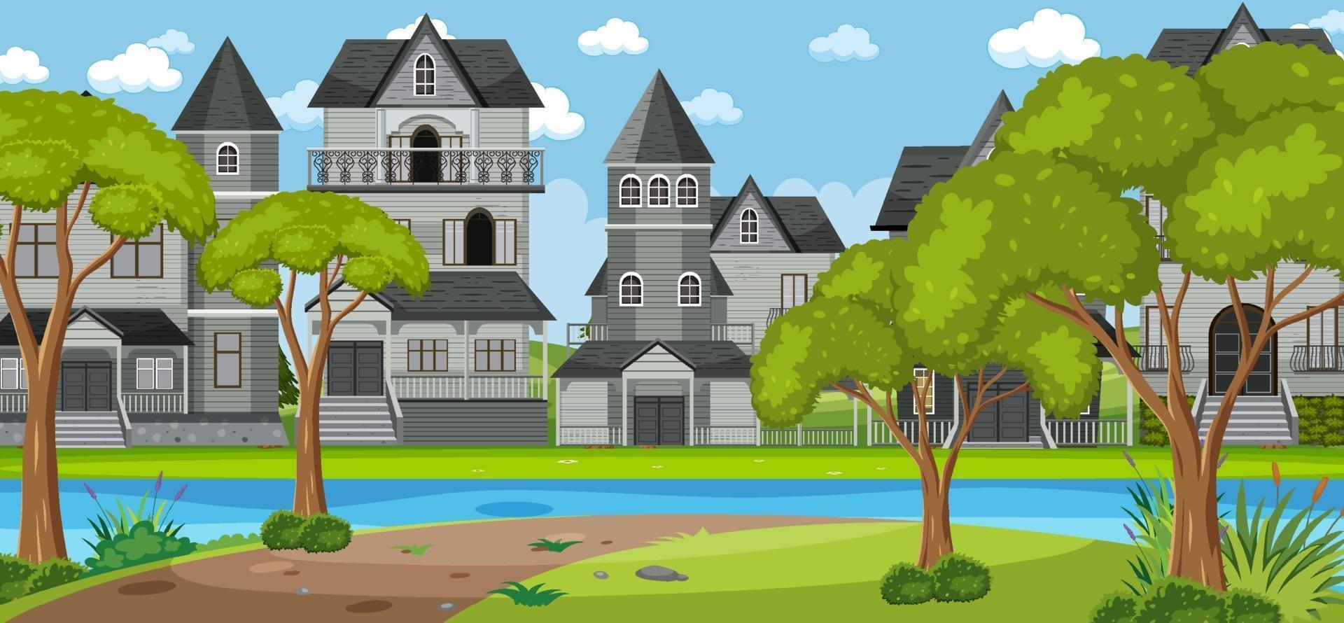 Scene with many colonial buildings at daytime vector