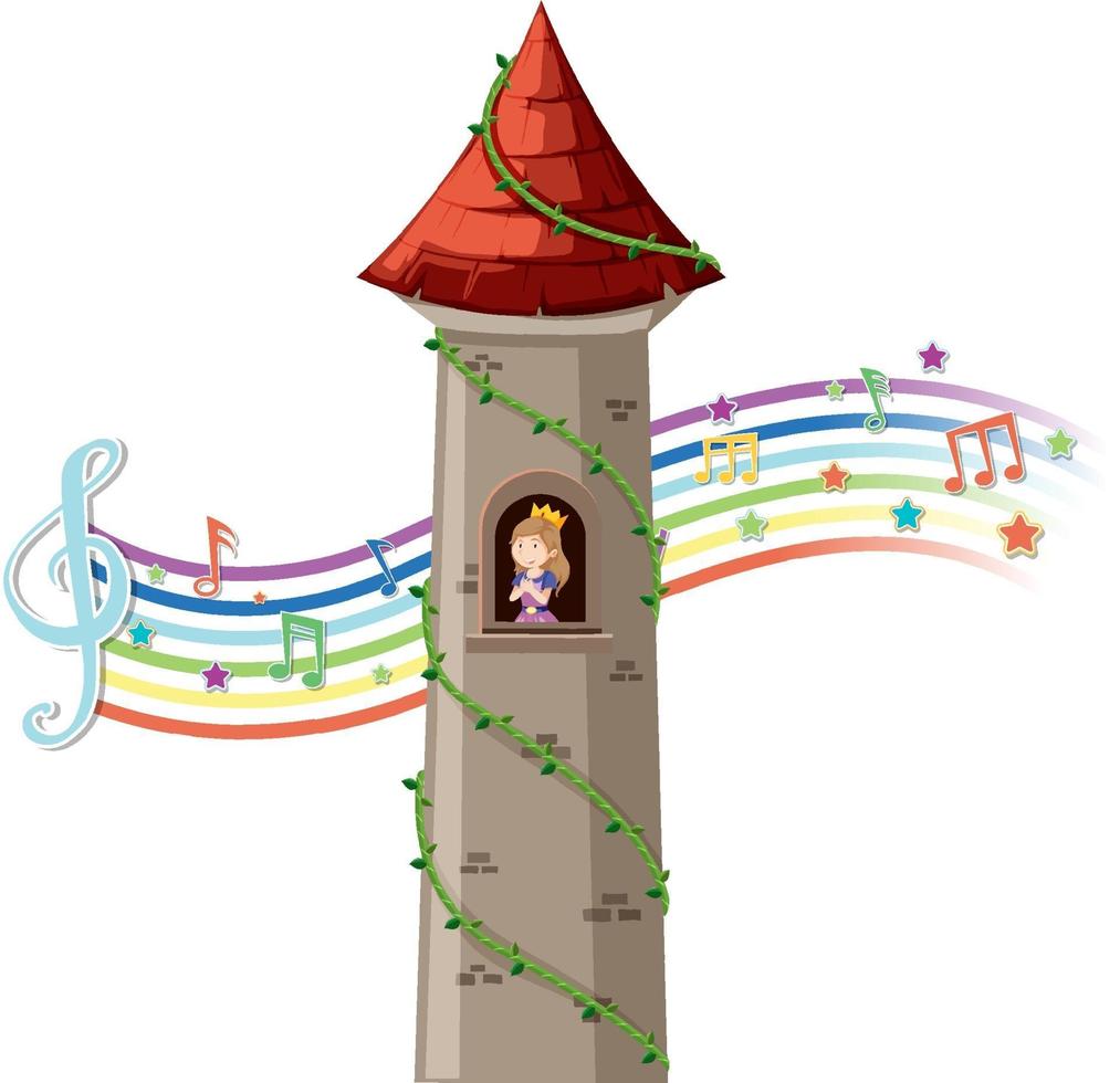 Princess in tower with melody symbol on rainbow vector