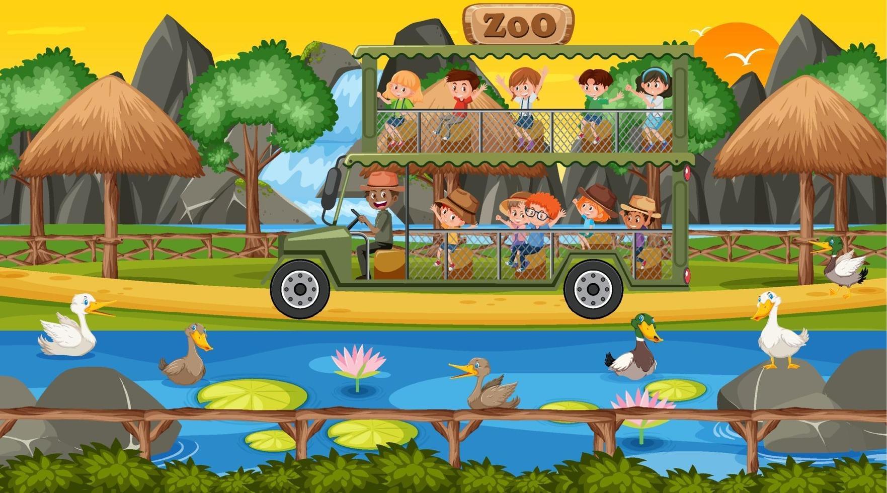 Safari en la escena del atardecer con niños viendo grupo de patos vector