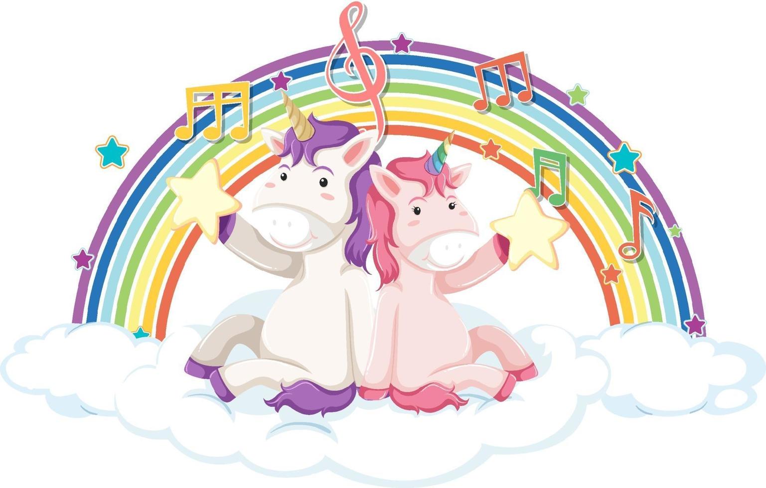unicornio sentado en la nube con arco iris y símbolo de melodía vector