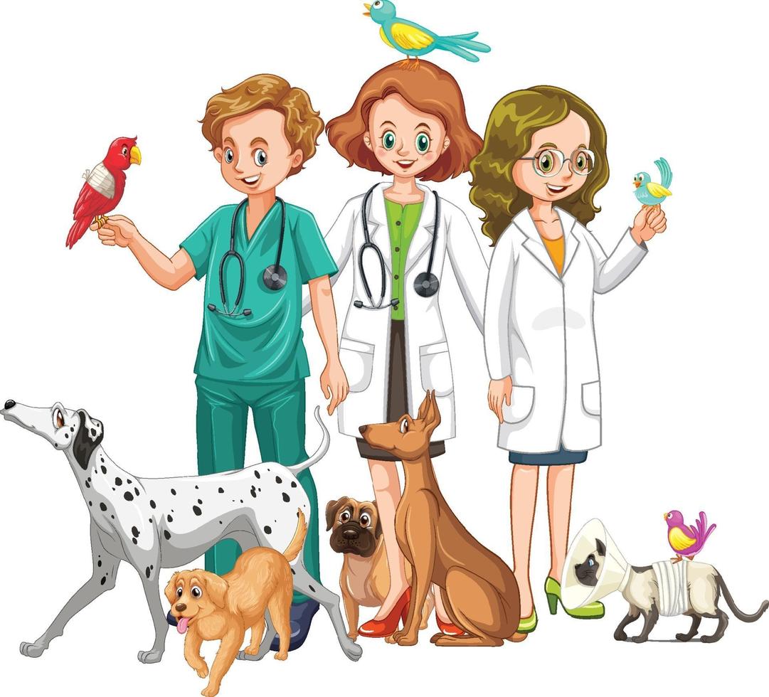 veterinario con muchos tipos de animales vector