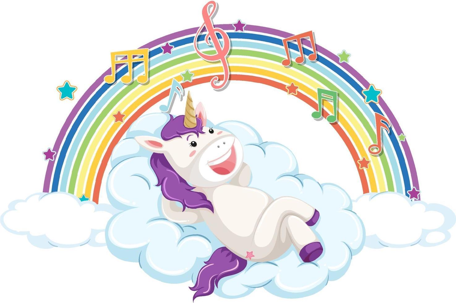 Unicorn laying on cloud with rainbow and melody symbol vector